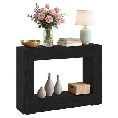 47 Inch Modern Cube Console Table, Wooden Farmhouse Narrow Console Table With Open Shelf, Geometric Accent Furniture With Wood-Look Finish, For Hallway, Living Room, Foyer, Entrance