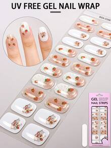 22片白色法式免UV凝胶美甲贴，- 春夏草莓蝴蝶结闪粉凝胶美甲贴，- 无UV损伤，易于粘贴，适合女性日常工作和居家DIY美甲贴纸 - 白色 - 查看 2