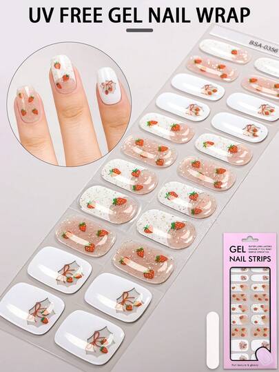 22 st vita franska UV-fria gelnagelband, - Vår/sommar jordgubbsrosett glittergelnagelremsor, - Ingen UV-skada, enkel applicering, lämplig för kvinnors dagliga arbete och hem DIY-nagelklistermärken