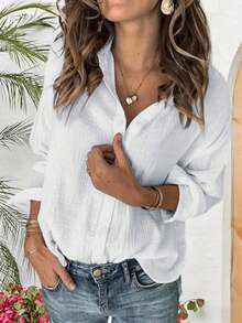 Women V Neck Cotton Linen Button Down Long Sleeve Shirt - trắng - Xem 4