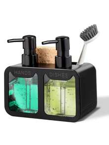 2件套皂液器套装，包含洗手液和洗洁精、海绵架和刷架，四合一双头皂液器套装，双头手动按压式液体储存盒带排水功能，适用于浴室、厨房，1/2件 - 彩色 - 查看 3