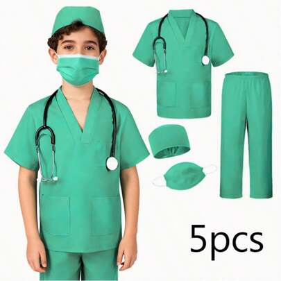 Bộ đồ chơi nhập vai bác sĩ 5 món cho trẻ em, bộ đồ chơi hóa trang đa năng, bộ trang phục dự tiệc ngày lễ, bao gồm áo khoác bác sĩ, mũ, quần, mặt nạ, ống nghe, bộ đồ chơi bác sĩ lý tưởng cho trẻ em, món quà tuyệt vời cho sinh nhật, ngày lễ, tiệc tùng, ngày tựu trường.