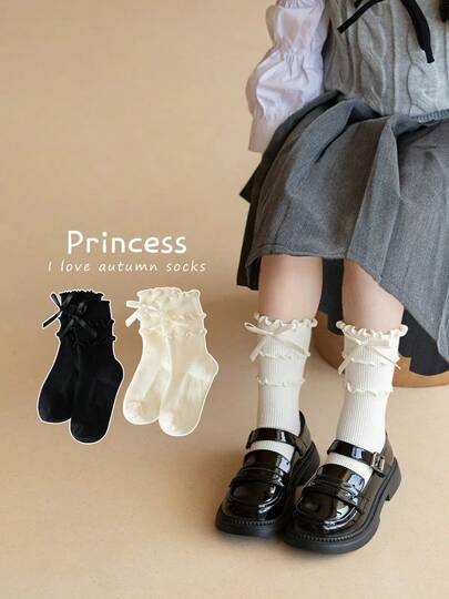 1/2/3 Pairs Kids Bow Decor Multi-Layer Frill Trim Mid-Calf Socks, Spring/Autumn