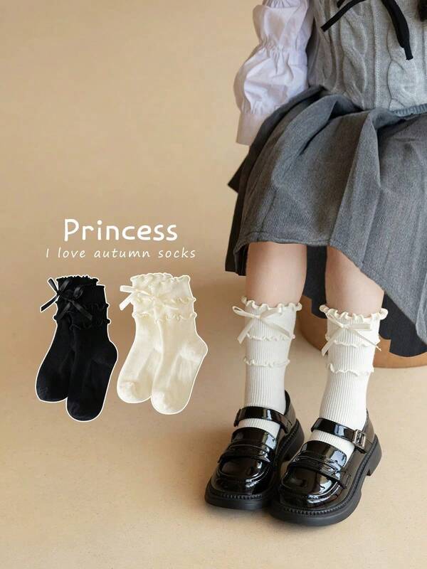 1/2/3 pares de calcetines de media caña con volantes multicapa y decoración de lazo para niños, para primavera/otoño