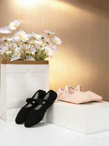 2双黑色和粉色芭蕾平底鞋，套脚式交叉松紧带芭蕾舞鞋（2双方便更换） - 黑色 - 查看 4