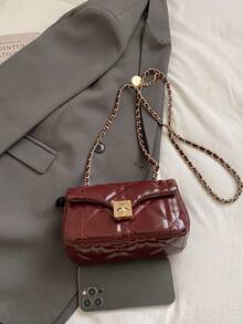 Fashion Classic Joker Solid Color PuWaterproof Fabric, Diamond Lattice SplicingDesign Chain Square Bag, Twist Lock OpeningAnd Closing Design, Burgundy Bag Ls SuitableFor Traveling And Shopping, Commuting ToWork, And Attending Parties - Burgundy - View 8