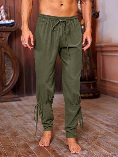 Men's Vintage Medieval Lace Up Pants, Viking Pirate Style Tapered Ankle Linen Costume Trousers For Themed Parties & Reenactments