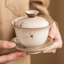 Hand-Painted Pink Orchid Gaiwan Scald-Proof Ceramic Tea Bowl, Chinese Style Kung Fu Tea Set Tea Ware