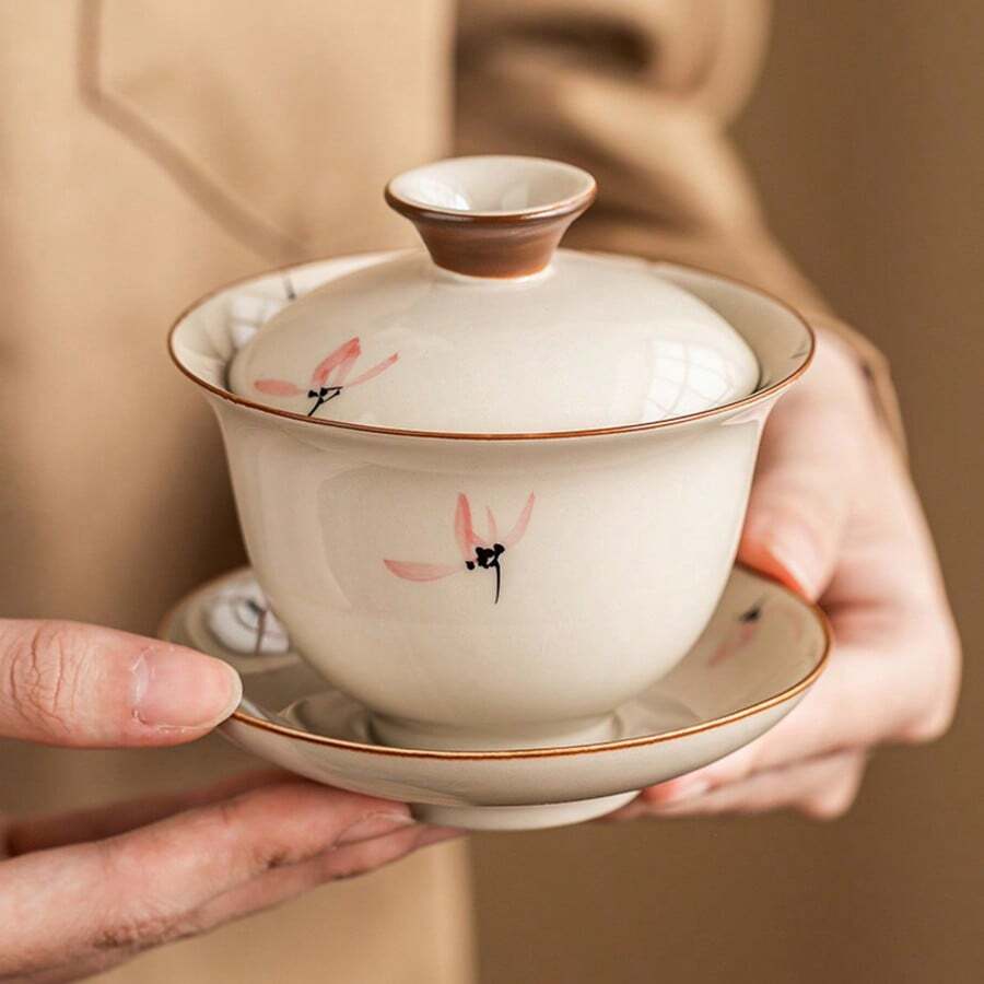 Hand-Painted Pink Orchid Gaiwan Scald-Proof Ceramic Tea Bowl, Chinese Style Kung Fu Tea Set Tea Ware