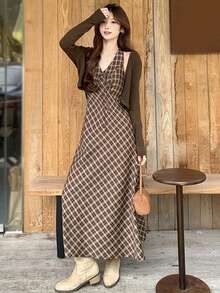 Đầm hai dây kẻ caro thanh lịch mới, phối cùng áo khoác cardigan, đa năng (Họa tiết kẻ caro ngẫu nhiên) Mùa hè - Cà phê nâu - Xem 2