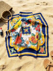 1pc Spring/Summer Beach Accessory, 27.6 Inch Square Silk Scarf, Lemon Print Neckerchief, Suitable For Travel, Beach And Daily Wear - Navy Blue Lemon - View 3