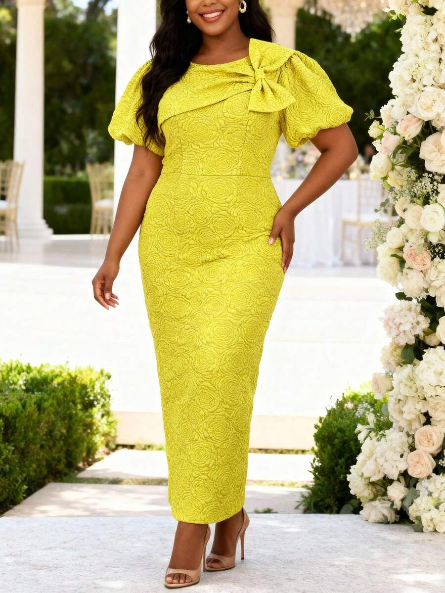 Plus Size Women's Yellow Summer Jacquard Elegant Dress, Bowknot Decor Puff Sleeve, Suitable For Wedding Guest And Formal Occasions - Yellow - View 1