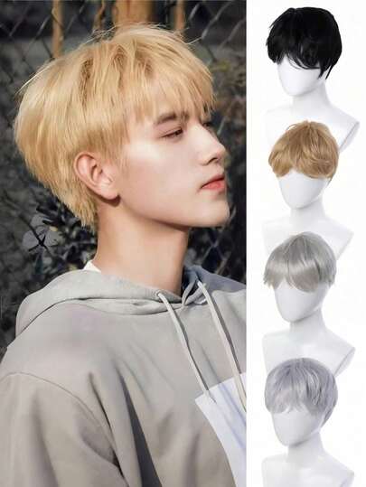 Peluca sintética corta y esponjosa de 6 pulgadas para hombres, adecuada para uso diario, cosplay, disfraces de mascarada, disfraces navideños, peluca de cabello natural corto y liso para hombres - fácil de usar, sin sensación de calva, peinado temporal para fiestas, eventos, fotografía