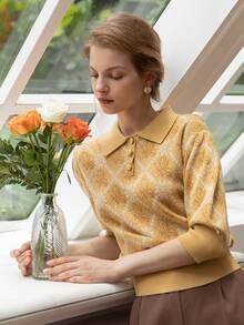 Simple Retro Minimalist Retro Iris Flower Pattern Knitted Sweater, Women's Cute Plaid Turtleneck Pullover Long Sleeve - Yellow - View 3