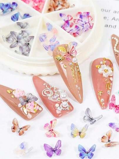 100个迷你树脂蝴蝶美甲装饰品，彩色3D蝴蝶吊坠，适用于DIY美甲配件、亚克力凝胶美甲、美甲、沙龙美甲设计