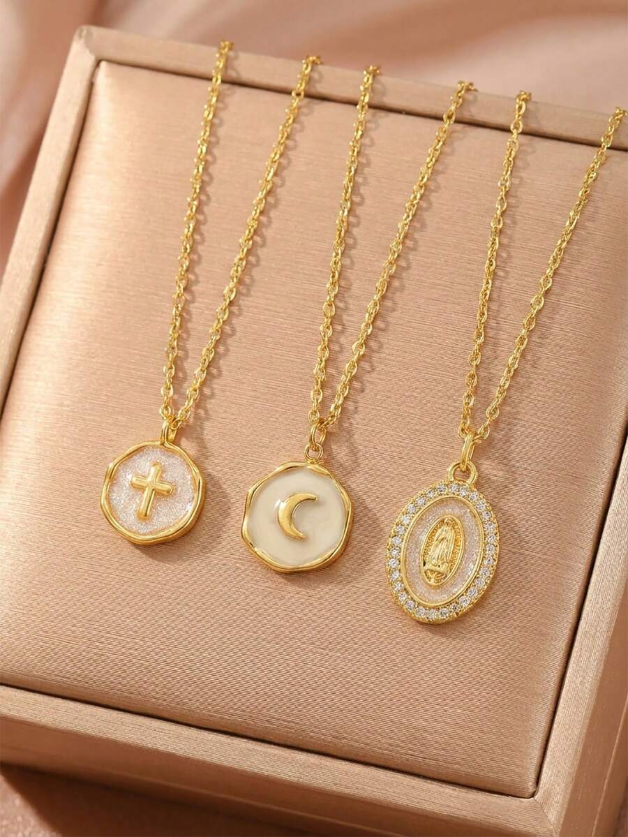 1件时尚流行经典复古十字架圣母玛利亚月亮吊坠项链，适合日常佩戴，珠宝配饰，耶稣升天节及基督教宗教礼物。