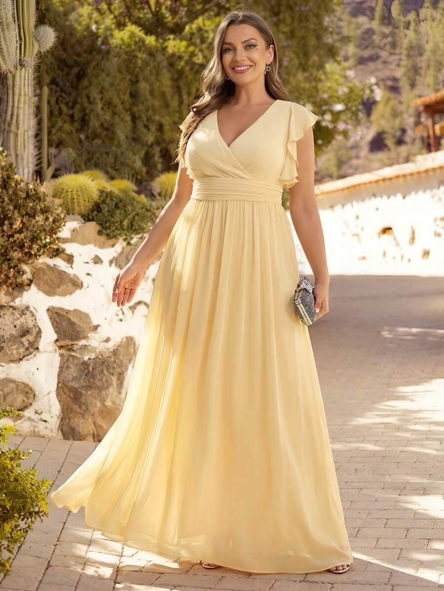 EVERPRETTY V-Neck Solid High Waist Pleated Yellow Bridesmaid Dress, Wedding Party Guest Dress, Spring/Summer