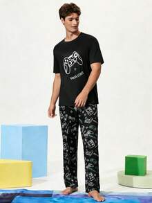 男士印花短袖睡衣套装，夏季家居服 - 黑色 - 查看 6