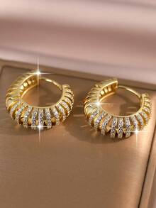 1 đôi bông tai vòng mạ vàng kẻ sọc tuyệt đẹp, đính đá Cubic Zirconia, quà tặng thời trang cho vợ, mẹ nhân dịp sinh nhật, kỷ niệm, đính hôn, trang sức đồng. - Vàng - Xem 5