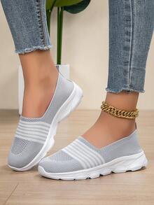 Women's Knitted Elastic Slip-On Casual Sneakers, Minimalist Versatile Lightweight Comfortable Soft-Sole Sock Shoes, Mesh Breathable Non-Slip Running Shoes - Grey - View 2