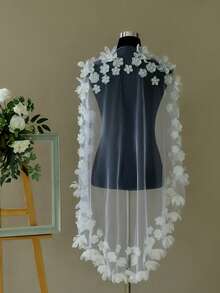 1pc Handmade Romantic Bridal Veil With Floral Applique, No Comb, Wedding Party Valentine's Day Veil - Multicolor - View 7