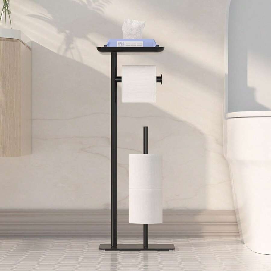 Free-Standing Bathroom Organizer: 4-Roll Toilet Paper Holder Stand With Storage Shelf & Dispenser