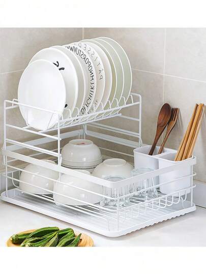 Escorredor de pratos removível de 2 níveis, organizador de cozinha, escorredor compacto para pratos e tigelas, presente prático para casa nova.