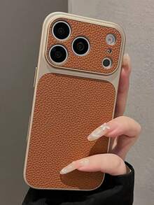 Fashion Litchi Texture Leather Feel Large Window Phone Case, Compatible With 17 Pro Max, 17 Pro, 16 Pro Max, 15, 14 Pro, 13, 12 Pro, 17, Camera Protection, Matte Soft Frame, Shock-Proof Protective Cover - Light Brown - View 2