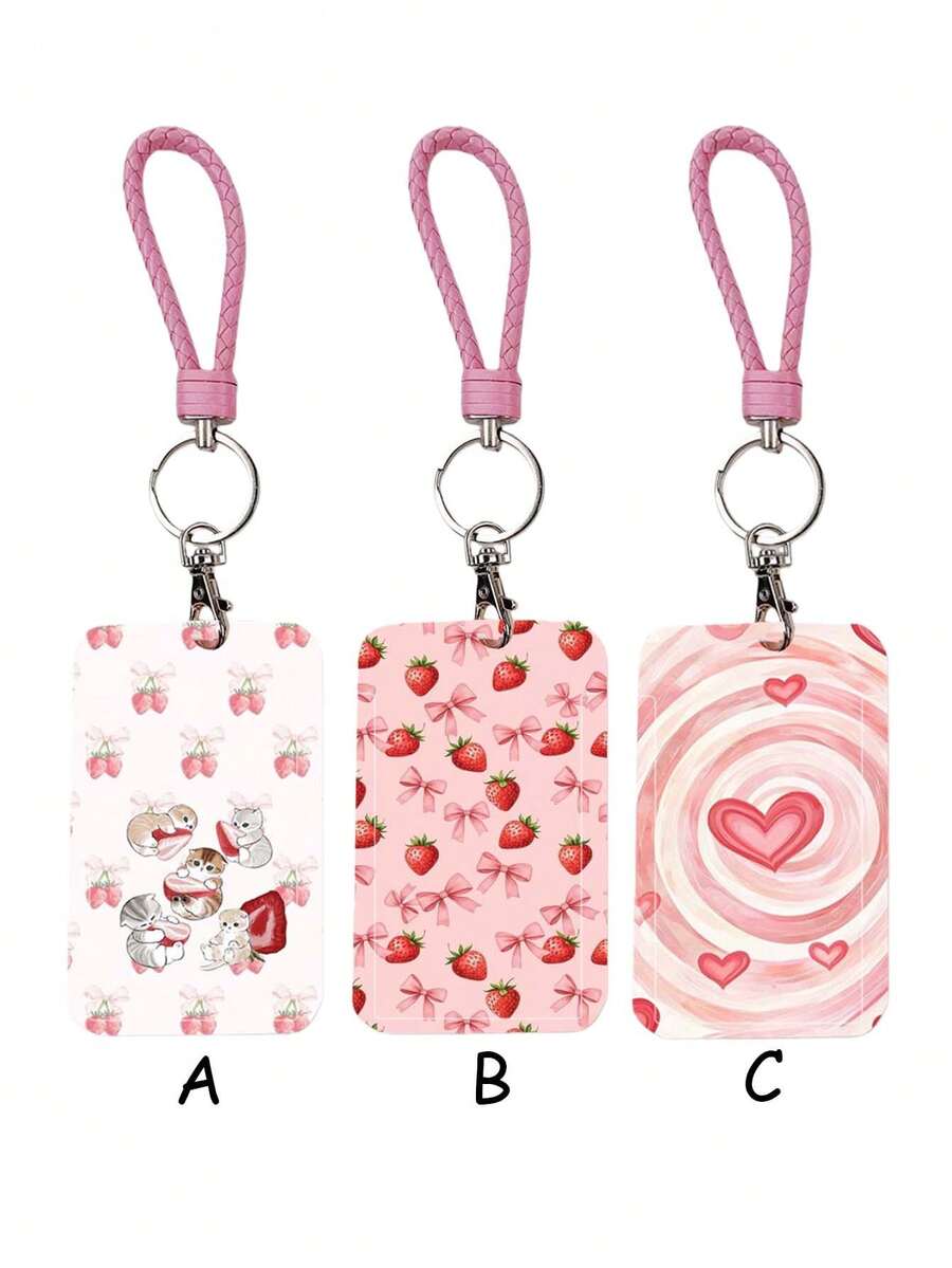 1pc ABS Pink Rope Bow Strawberry Heart Pattern Fashion Keychain Pendant, Bag Charm, Student Bus Protector - Multicolor - View 1