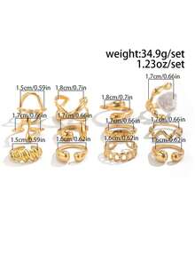 11件套复古优雅不对称几何珍珠金属戒指套装，适合日常佩戴、晚宴派对、送给朋友、女朋友、情人节的礼物 - 金黃色 - 查看 3