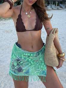 Women's 2026 Spring Summer Green Beaded 3D Floral Print Sheer Cover-Up Skirt Valentine's Day New Year Romantic Beach Party Vacation Poolside Cocktail Sexy Outfit - Green - View 8