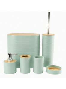 Bộ 6 món phụ kiện phòng tắm bằng tre, trang trí nhà cửa cao cấp cho phòng khách, phòng ngủ, bao gồm cọ toilet, thùng rác, khay đựng xà phòng, bình đựng xà phòng, cốc, giá đựng bàn chải đánh răng, hộp tăm bông, khay đựng đồ. Thích hợp cho phòng khách, khách sạn, mặt bàn phòng tắm. Quà tặng cho gia đình và bạn bè, quà tân gia, phụ kiện phòng tắm. - Nhiều màu - Xem 17