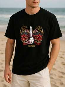 Camiseta de moda estilo oscuro japonés con máscara Prajna y cara de geisha, adecuada para deportes al aire libre, ropa casual de fin de semana, muy versátil para entrenamiento físico, top de cuello redondo - Negro - Ver 3