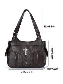 1件复古大容量手提包，复古PU单肩斜挎包，女士休闲托特包兼钱包 - 咖啡棕 - 查看 3