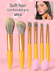 8件套化妆刷套装 - 粉底刷、眼影刷、腮红刷、修容刷、眉刷、迷你化妆海绵、新手化妆工具 - 黃色 - 查看 2