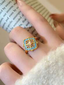 1 pieza Anillo abierto de diseño hueco con perla falsa esmaltada, material de cobre vintage francés elegante y lujoso, adecuado para uso diario, ir al trabajo, vacaciones y fiestas de mujeres - Amarillo Oro - Ver 3