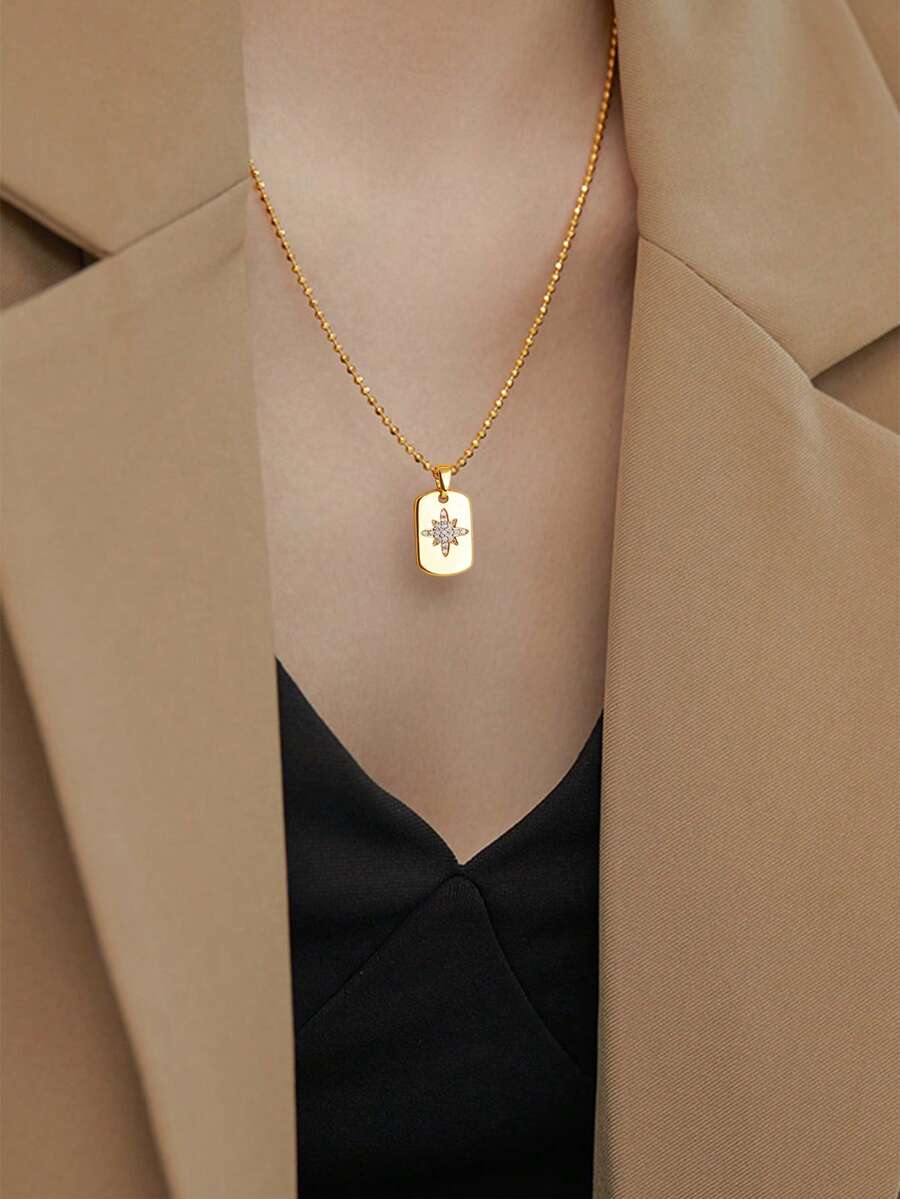 1pc Classic Minimalist Copper Zirconia Bead Chain With Cute Square Starburst Copper Zirconia Pendant Necklace, Suitable For Daily Wear - Yellow Gold - View 1