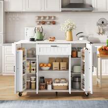 Kitchen Island With Fold-Down Worktop, Rolling Cart, 4-Door And 1-Drawer Kitchen Unit, Integrated Spice Racks In The  , Double-Sided Towel Rail, White, 120 * 45 (70) * 9 - White - View 5