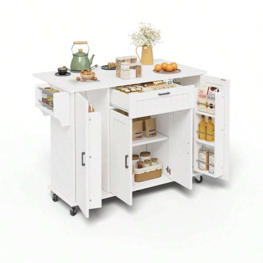 Kitchen Island With Fold-Down Worktop, Rolling Cart, 4-Door And 1-Drawer Kitchen Unit, Integrated Spice Racks In The , Double-Sided Towel Rail, White, 120 * 45 (70) * 9 - White - View 1