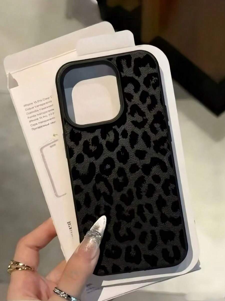 猎豹纹/豹纹单件装黑色皮革纹理手机壳，兼容 16/15 Pro Max/15 Pro/15/14/13/12/11、13 Pro/14 Pro Max，全覆盖豹纹图案 - 彩色 - 查看 1