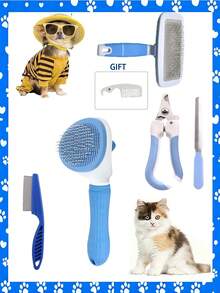 6件套多功能宠物美容工具套装 | 自清洁猫狗刷、去毛工具、带内置磨甲器的指甲钳 - 彩色 - 查看 1