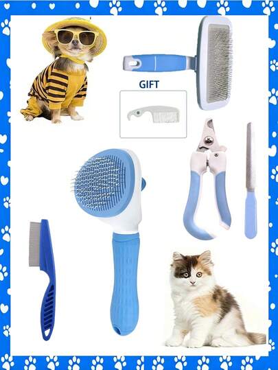 6pcs Multi-Functional Pet Grooming Tool Set | Self-Cleaning Cat/Dog Brush, Deshedding Tool, Nail Clipper With Built-In Grinder