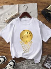 1pc Tween Boy Casual Basketball Print Short Sleeve T-Shirt, Summer Top For Young Male Students - White - View 5