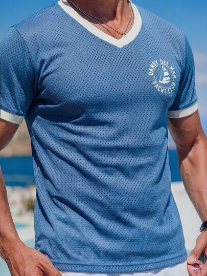 2件装男士海岸风网眼T恤，复古钩针镂空上衣，透气镂空度假服，宽松夏季度假T恤