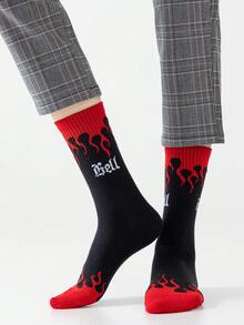 1/5双装男士撞色字母火焰图案个性化艺术设计精梳船袜，适合旅行、居家、办公、节日送礼 - 彩色 - 查看 10