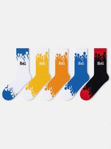 1/5双装男士撞色字母火焰图案个性化艺术设计精梳船袜，适合旅行、居家、办公、节日送礼 - 彩色 - 查看 14