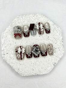 10pcs Luxury Holiday 3D Bow Pearl Chain Handmade Press-On Shiny Polka Dot Artificial Nails, Removable & Reusable Nail Art Supplies (1 Jelly Sticker + 1 Nail File) - Burgundy - View 10