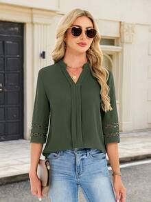 3/4 Length Sleeve Womens Tops V Neck Dressy Casual Blouses Lace Tunic Pleated Shirts Business Casual Outfits 2026 Designed With A Stand Collar V-Neck, Front Pleats And 3/4 Sleeves Featuring Hollow-Out Cuffs - 軍綠色 - 查看 2