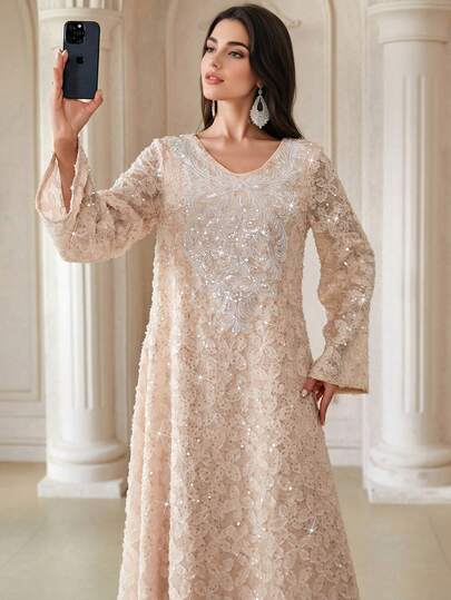 Elegant Women's Long Sleeve V-Neck Arabic Dress, Woven Fabric With Beaded Applique Decor