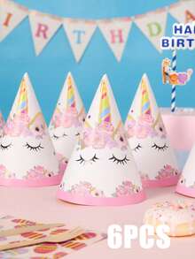 6pcs Fashionable Unicorn Themed Party Hats - Pink Flowers - View 7